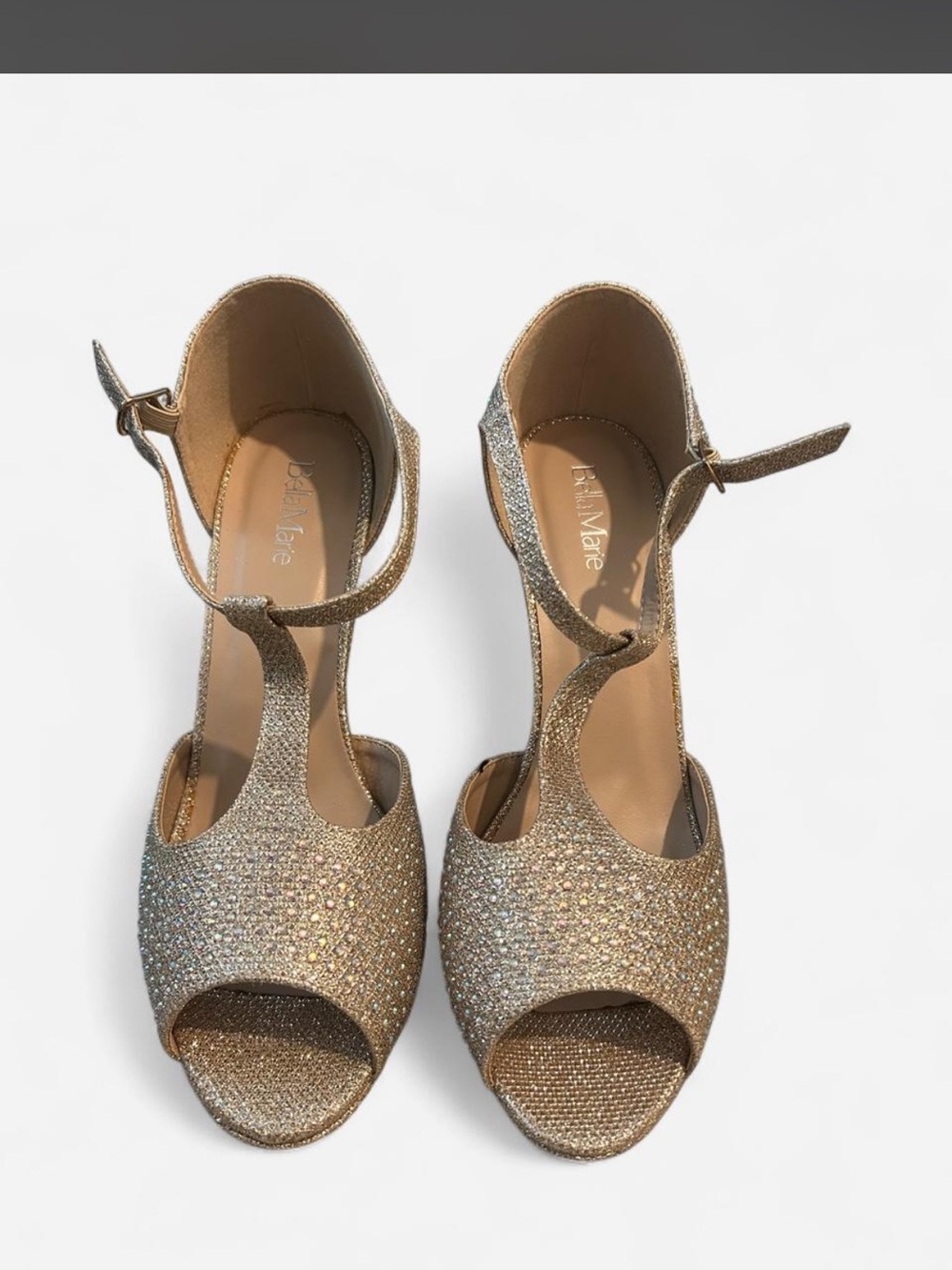 Bella Marie Gold Glitter T-Strap Open-Toe Heels